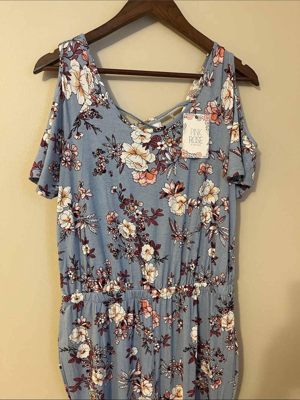 Pink Rose Light Blue Floral Cold-Shoulder Tunic